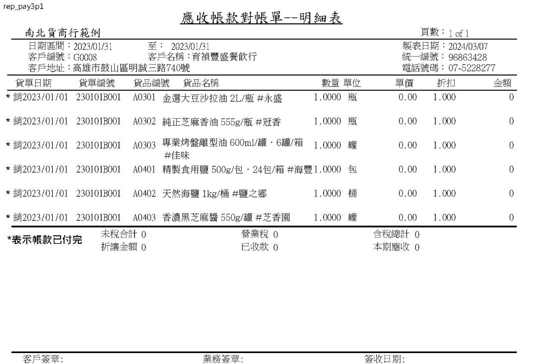 南北雜貨業客戶月結與應收帳款對帳單