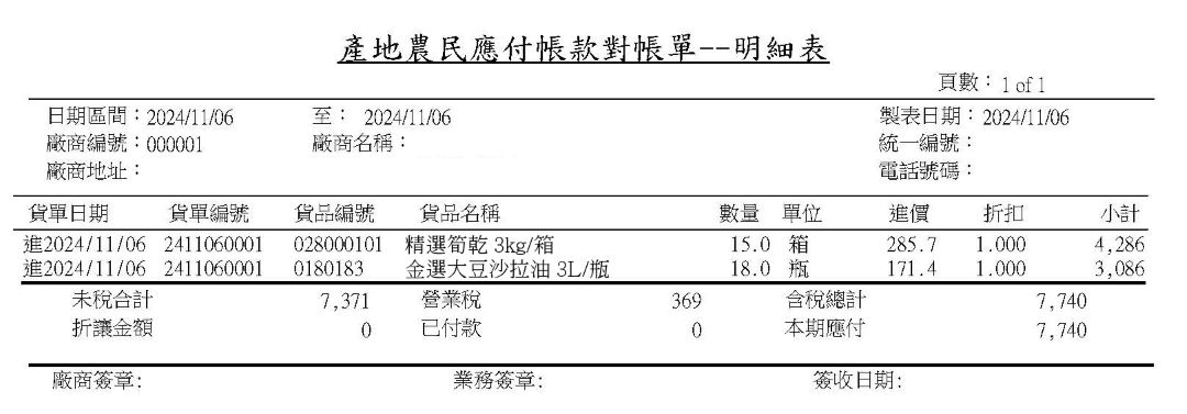 南北雜貨業供應商應付帳款對帳單