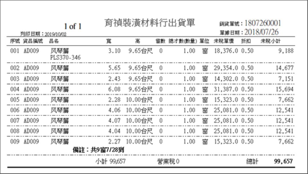 銷貨單報表：窗簾才積與金額彙總